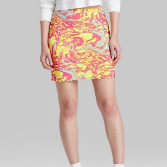 WILD FABLE WOMEN'S YELLOW MARBLE MESH BODYCON ELASTIC WAIST MINI SKIRT N… - Picture 1 of 9